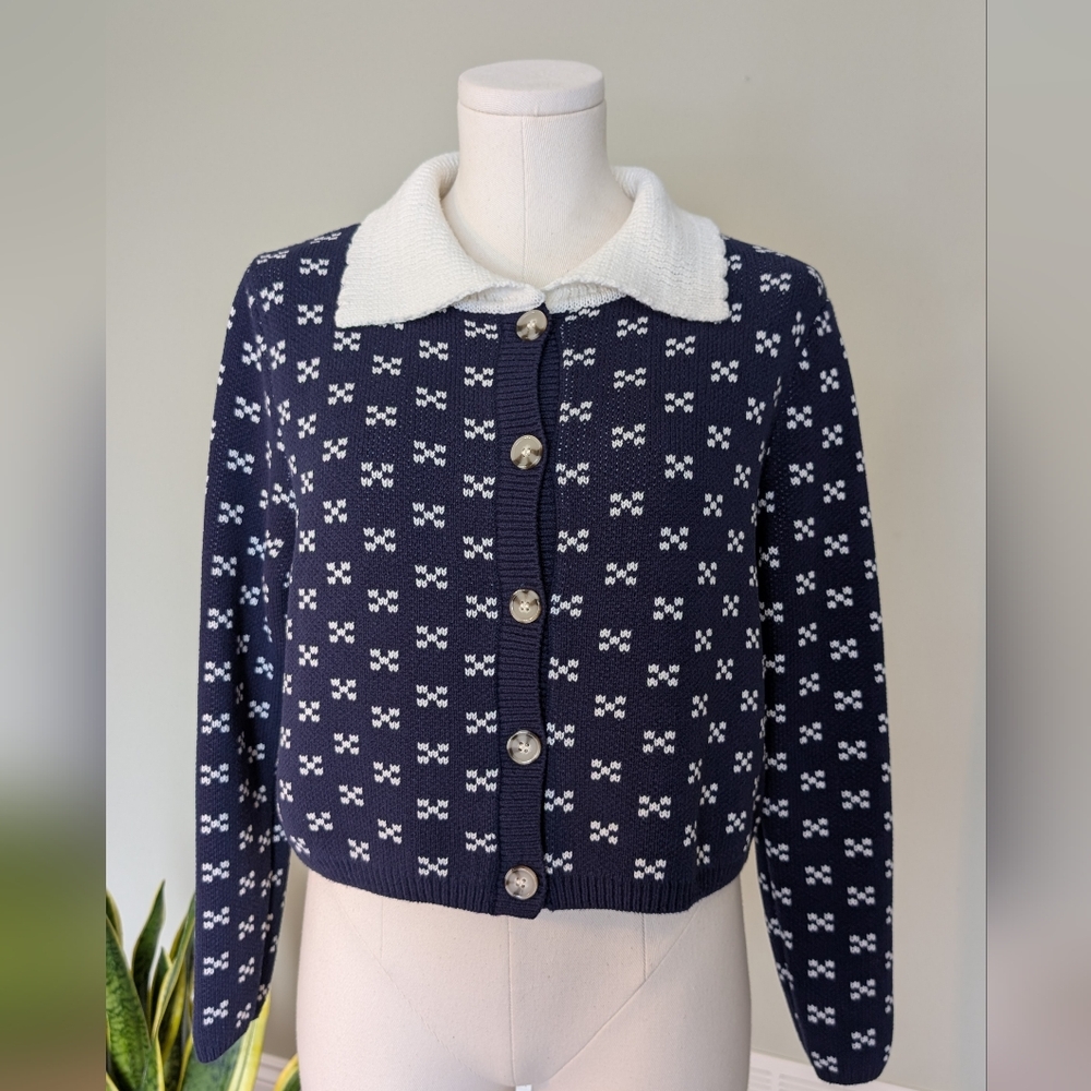 Soho & Stella Women’s Cropped Knit Cardigan Blue White Collar Nautical Size M